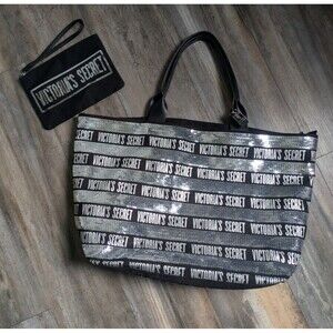 Victoria's Secret Black Silver Sequin LTD Edition Tote Weekend Beach Bag Set NEW